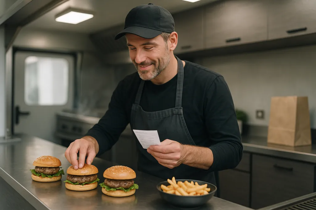 Chef de food truck préparant des burgers