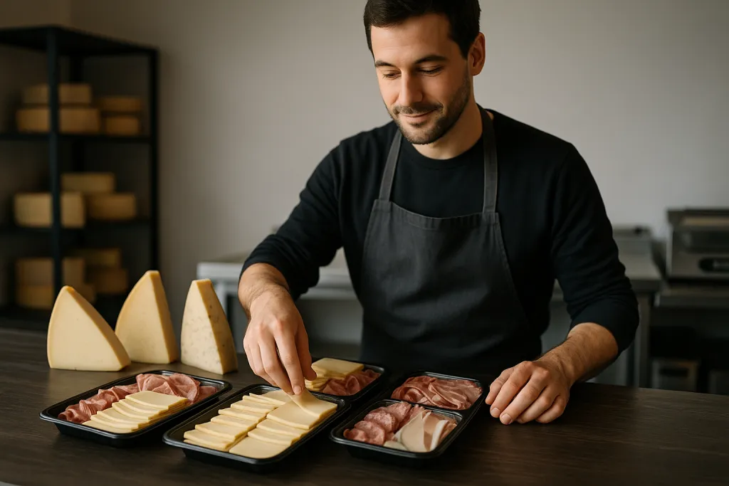 Fromager préparant des plateaux de raclette