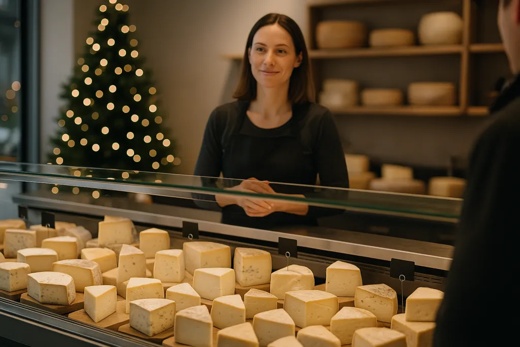 Vitrine de fromagerie remplie pour les fêtes