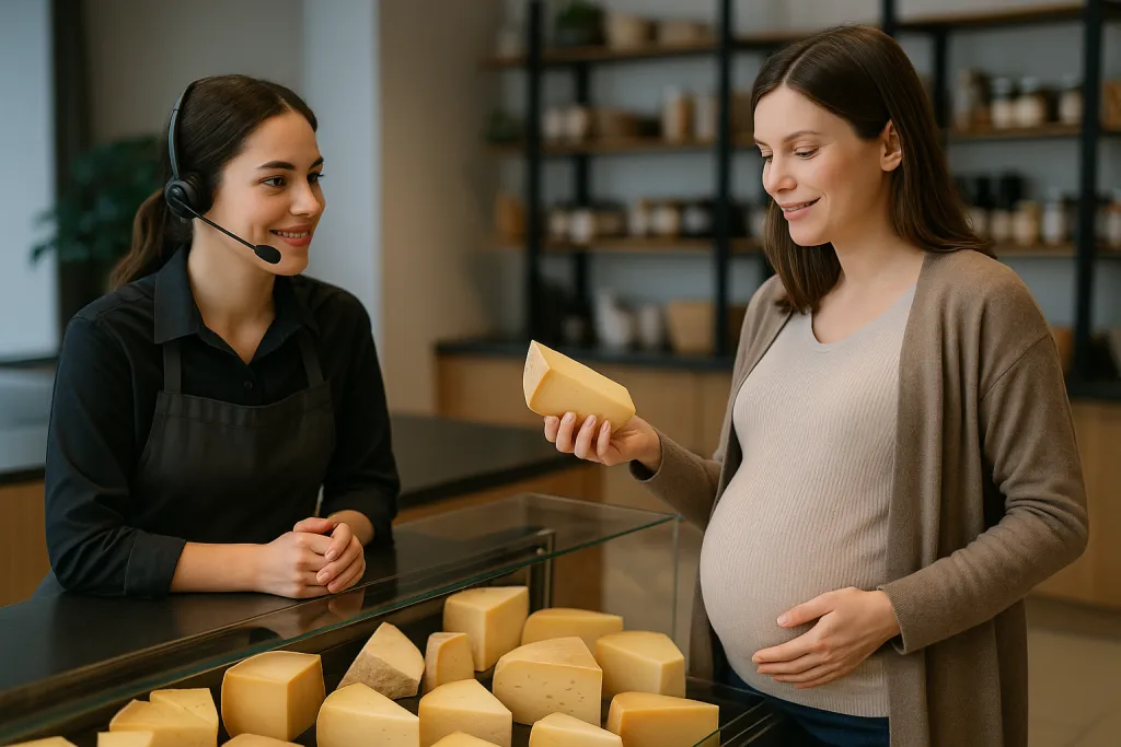 Femme enceinte choisissant du fromage