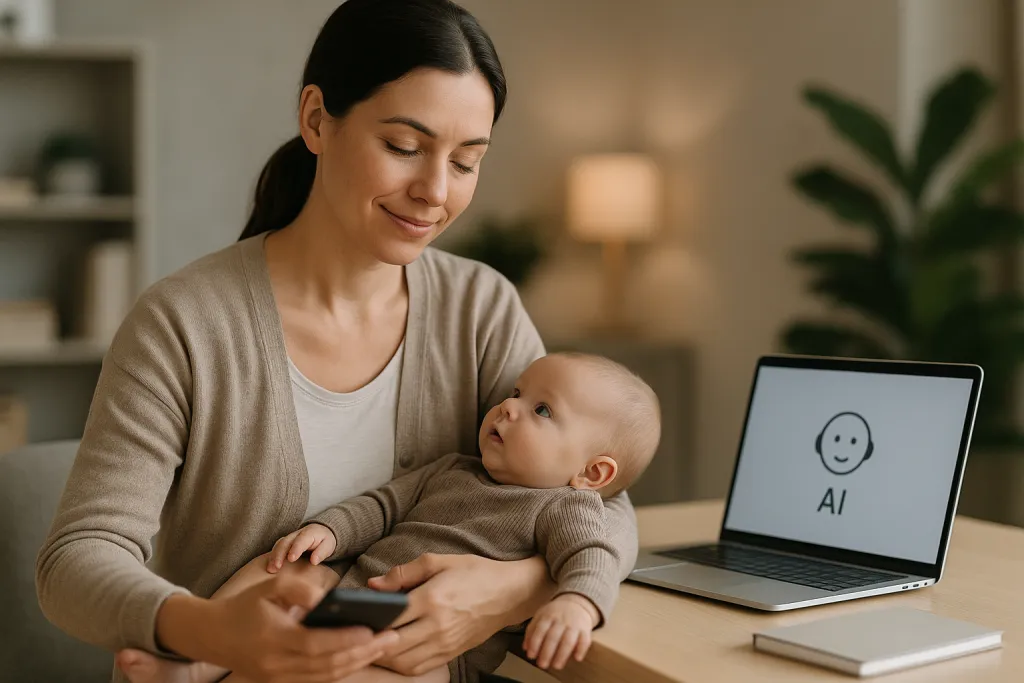Assistante maternelle s'occupant d'un bébé pendant que l'IA répond
