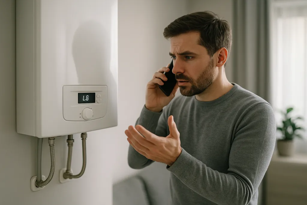 Locataire devant une chaudière en panne