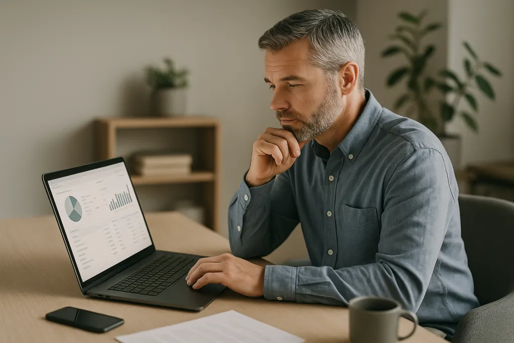 Propriétaire consultant ses comptes sur ordinateur