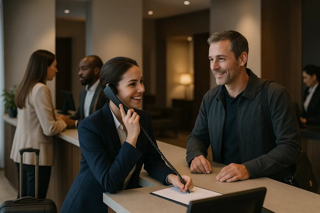 Réception d'hôtel très occupée avec des clients