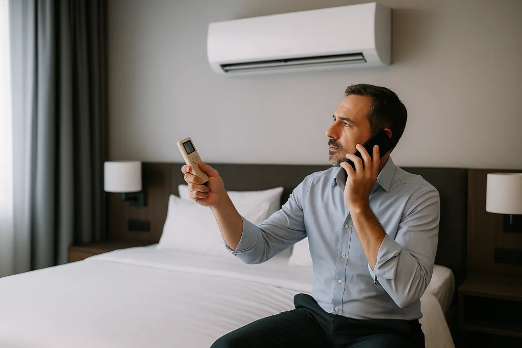 Client dans sa chambre d'hôtel regardant la climatisation