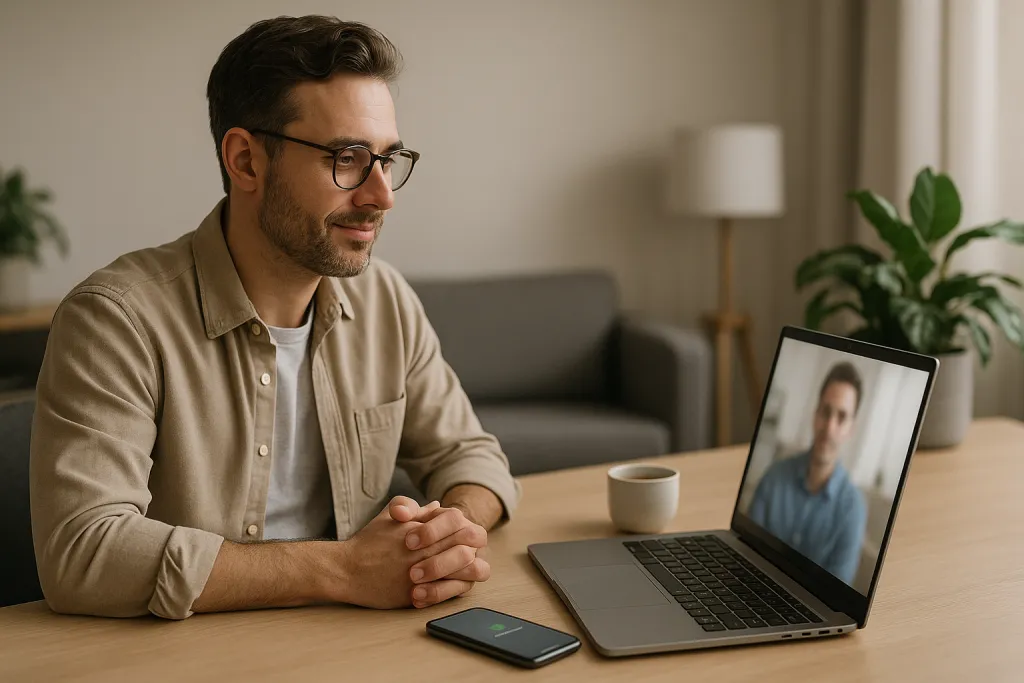 Freelance en réunion visio sur son ordinateur