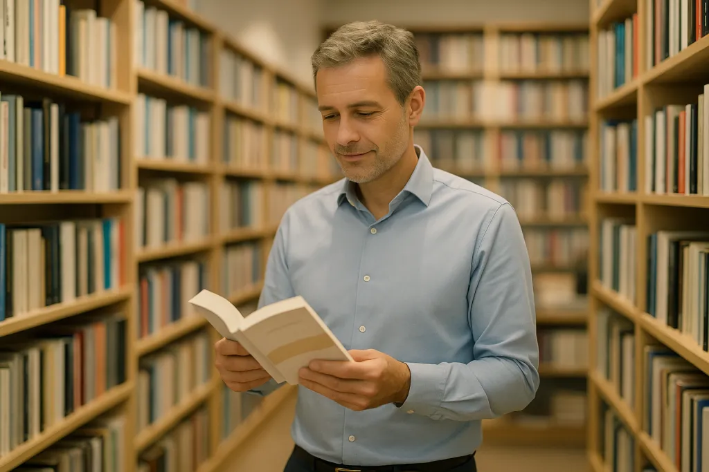 Client parcourant les rayons d'une librairie bien achalandée