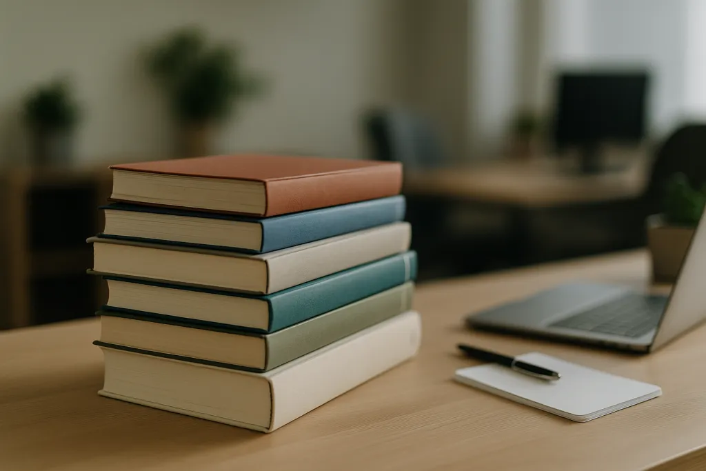 Pile de livres scolaires et de manuels sur un bureau