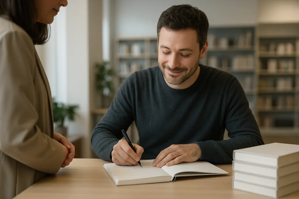 Auteur signant un livre lors d'une séance de dédicace