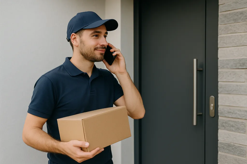 Livreur devant une porte fermée