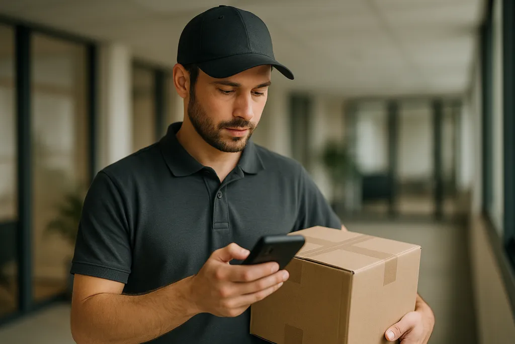Livreur vérifiant l'adresse sur son terminal
