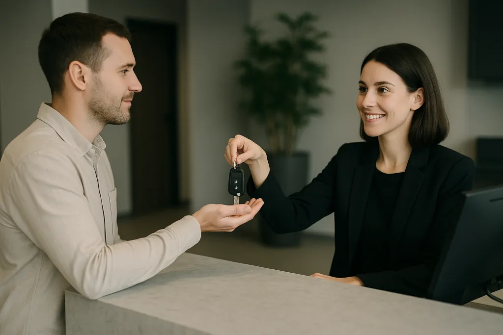 Agent d'accueil remettant les clés au client