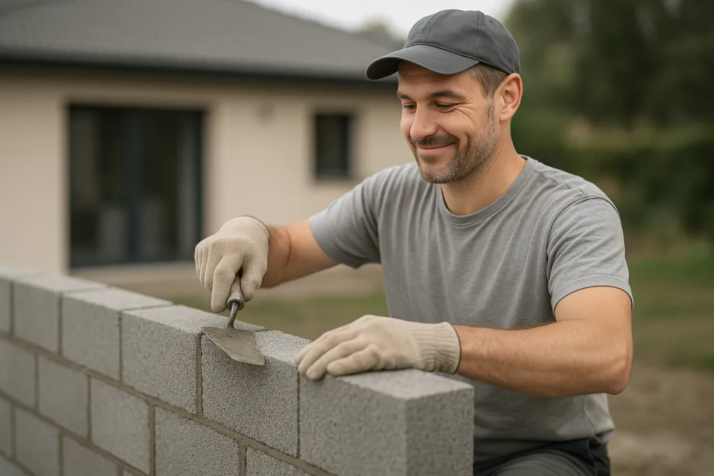 Maçon construisant un mur en parpaings