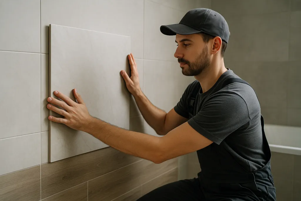 Carreleur posant du carrelage grand format