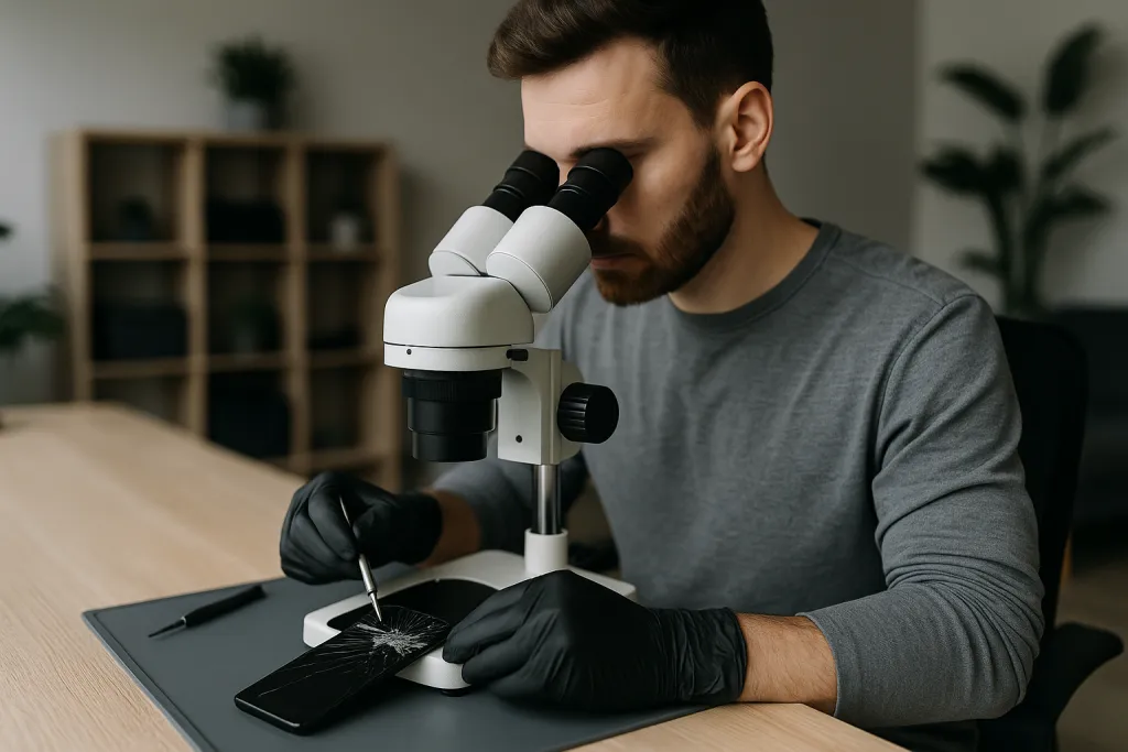 Technicien réparant l'écran cassé d'un smartphone au microscope