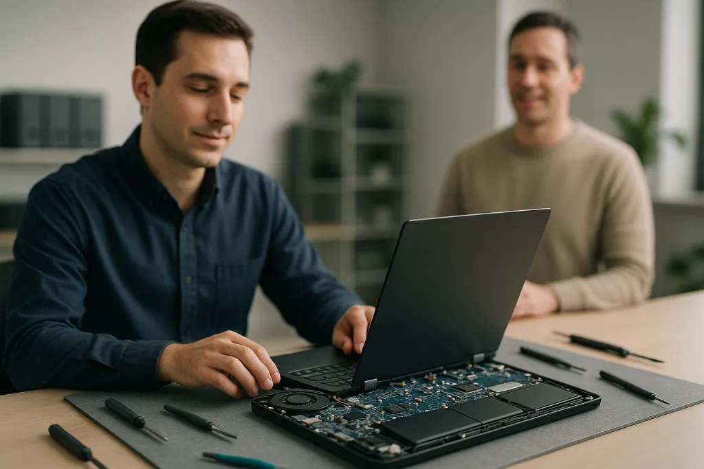 Ordinateur portable démonté sur une paillasse technique
