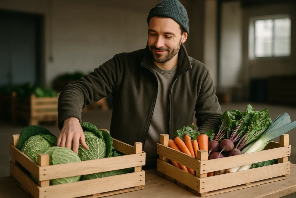 Maraîcher préparant des cagettes de légumes