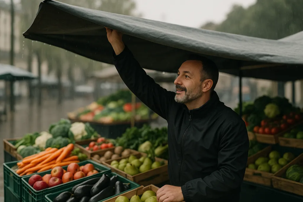 Étal de marché de fruits et légumes sous la pluie