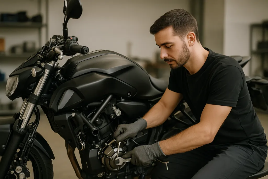 Mécanicien travaillant sur le moteur d'une moto