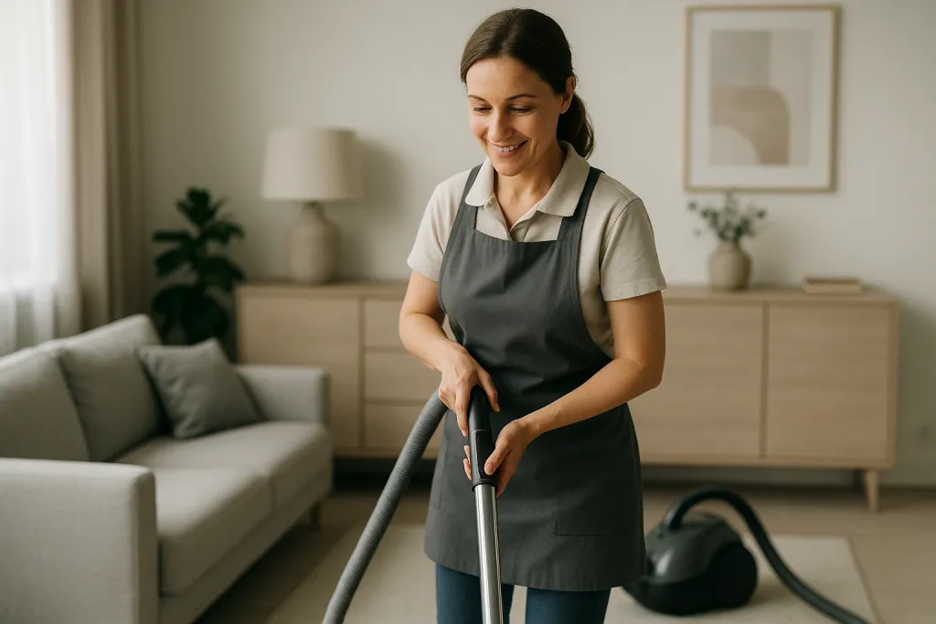 Aide à domicile passant l'aspirateur