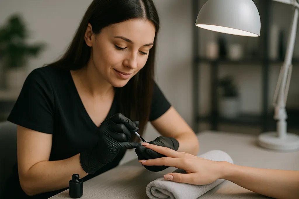 Prothésiste ongulaire réalisant une pose de vernis avec minutie