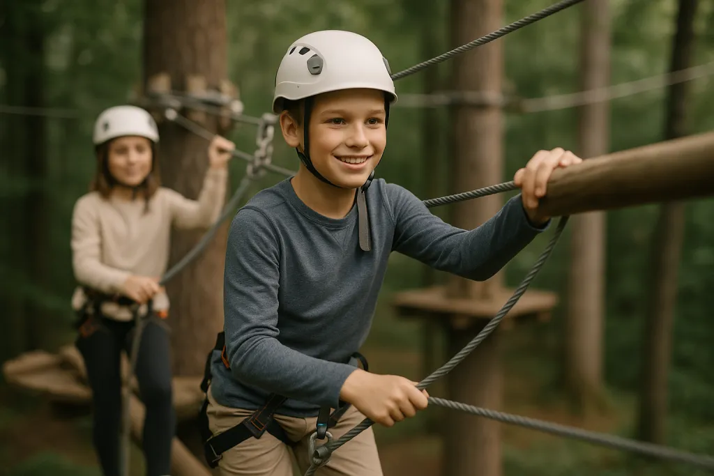 Enfants grimpant dans un parcours accrobranche