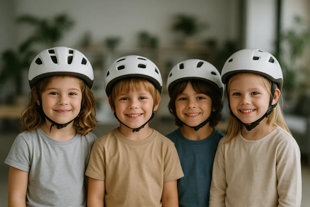 Groupe d'enfants du centre aéré avec des casques
