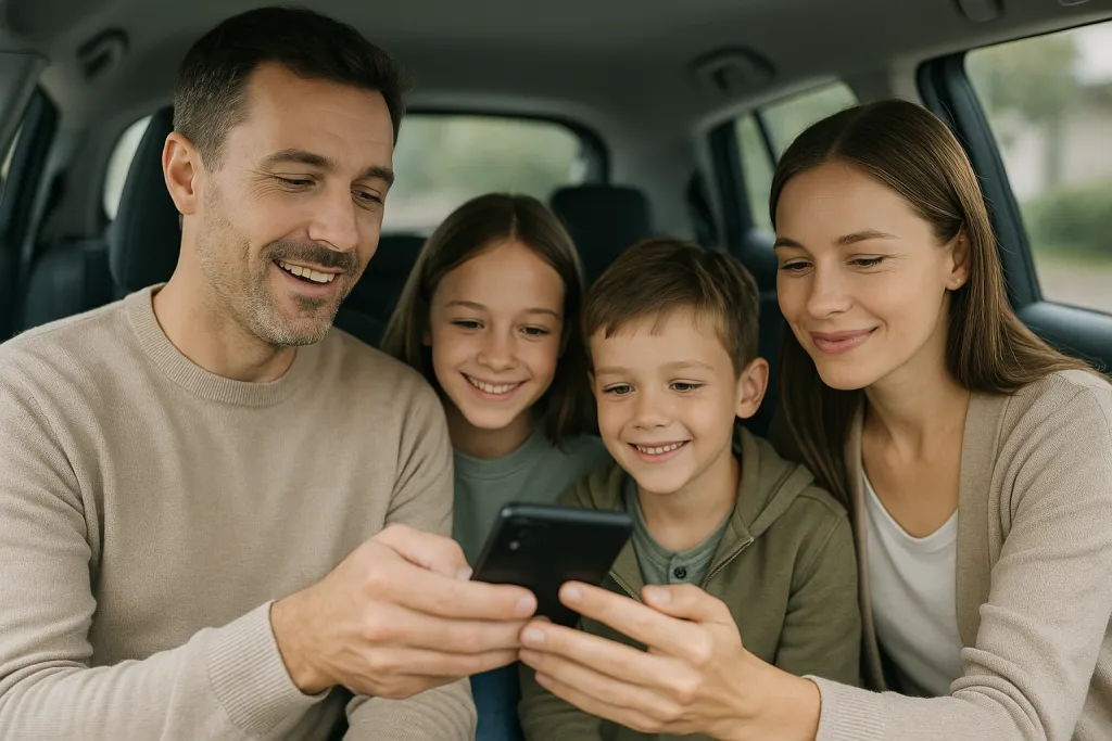 Famille achetant des billets sur téléphone
