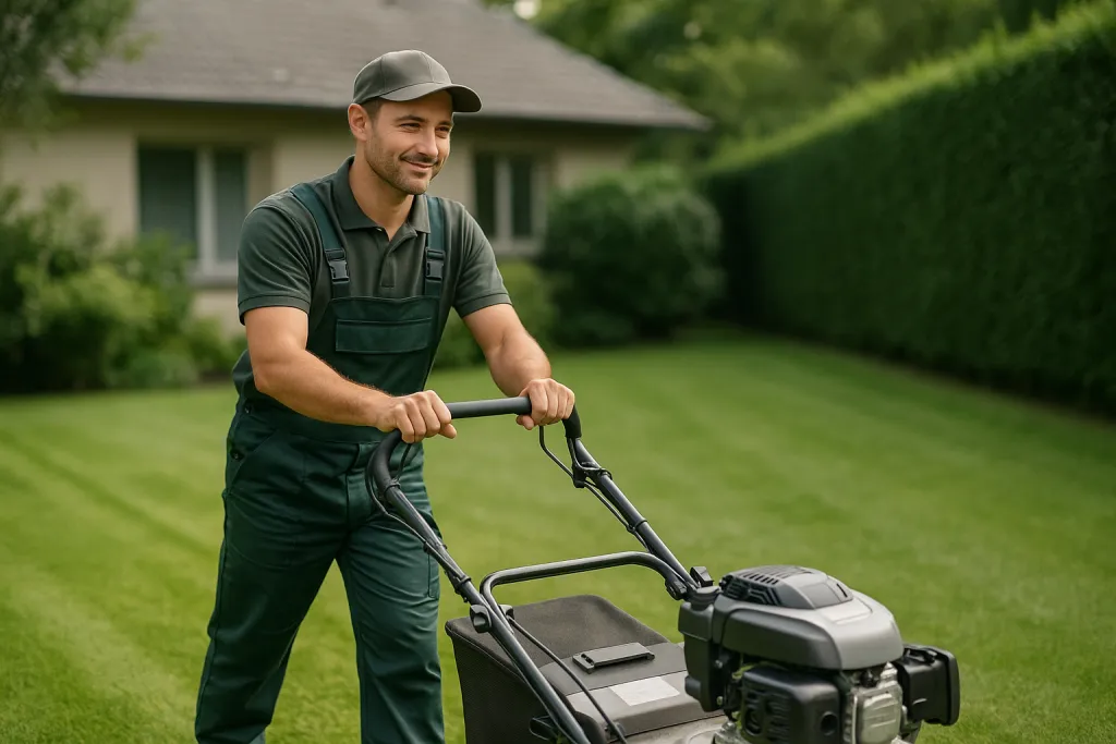 Jardinier tondant une grande pelouse résidentielle