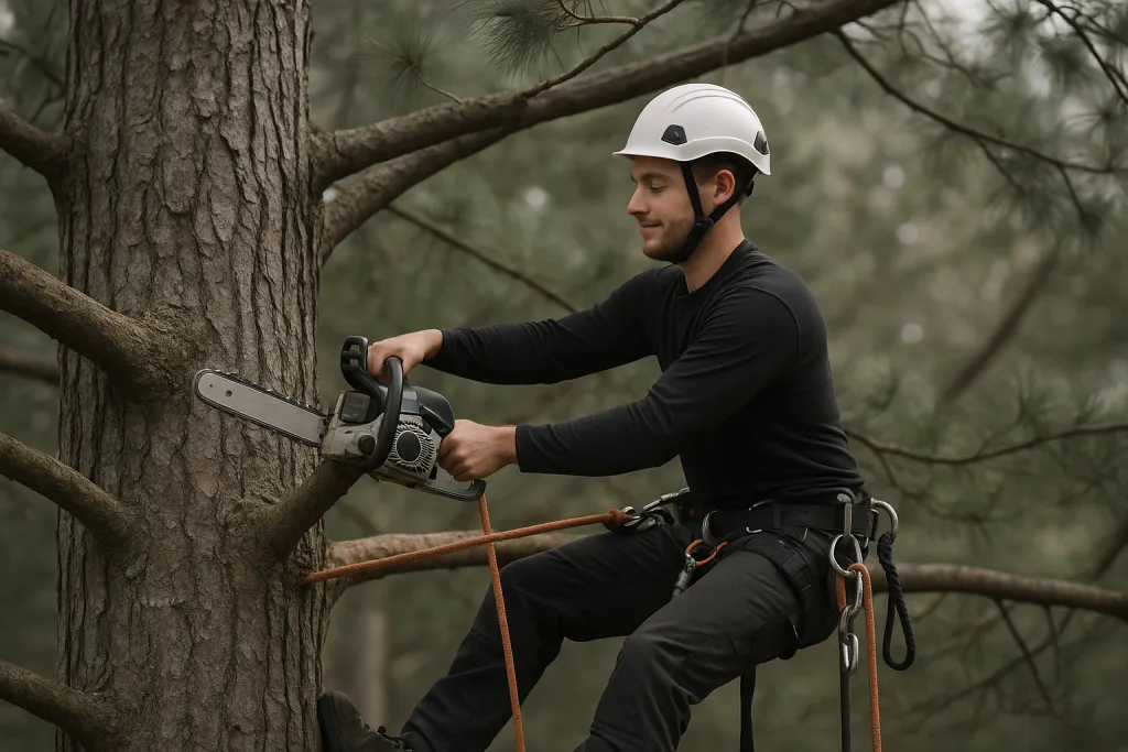 Élagueur grimpeur dans un grand arbre