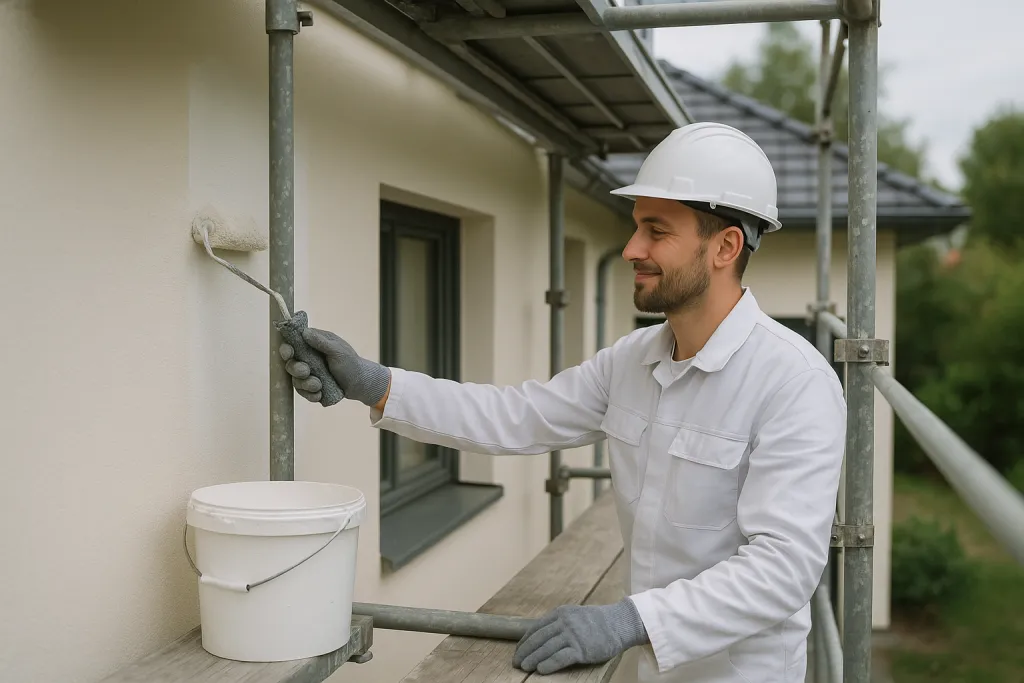Façadier sur un échafaudage en train de peindre une maison