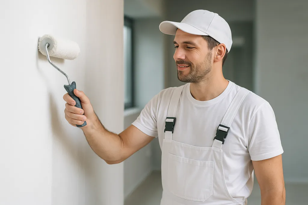 Peintre appliquant de la peinture blanche au rouleau
