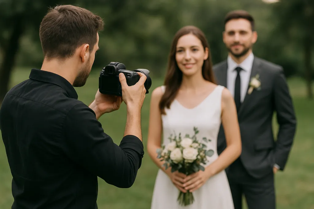 Photographe photographiant des mariés en extérieur