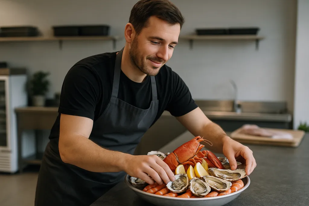 Poissonnier préparant un plateau de fruits de mer