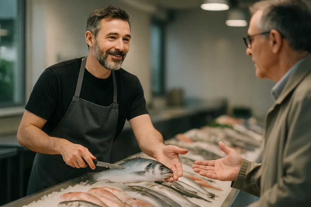 Poissonnier servant un client sur un marché