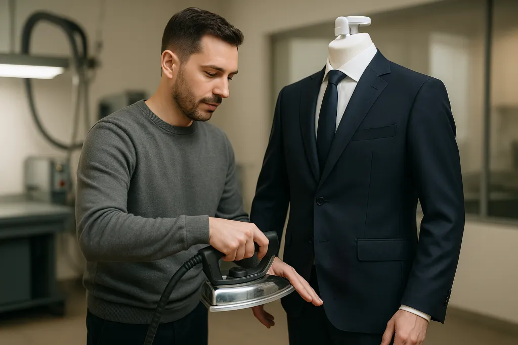 Repassage professionnel d'un costume sur mannequin soufflant