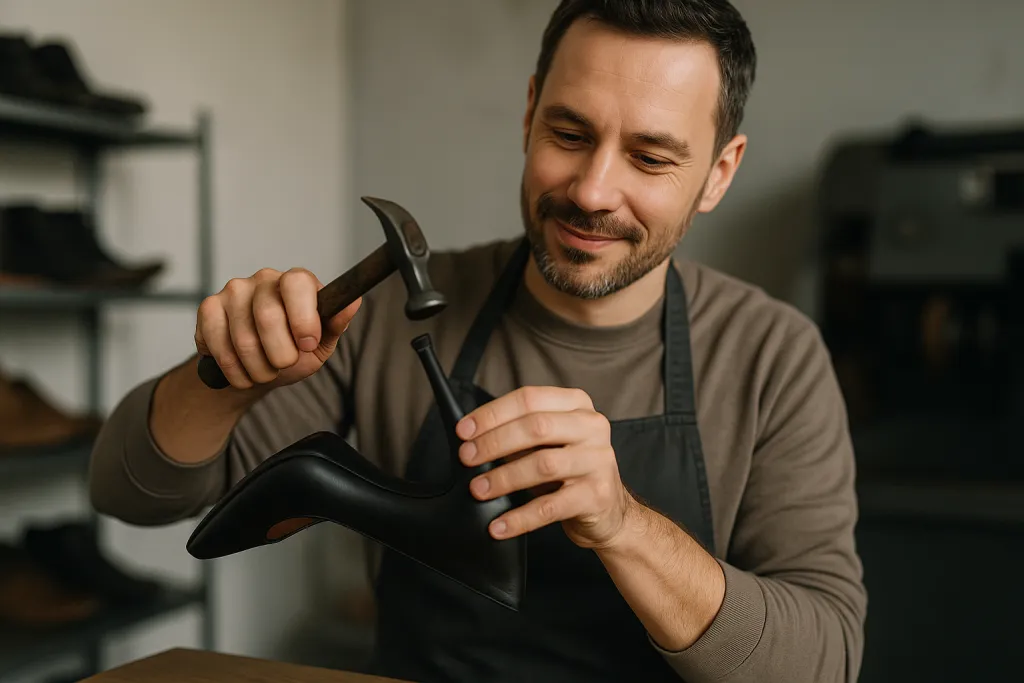 Cordonnier réparant le talon d'une chaussure en cuir