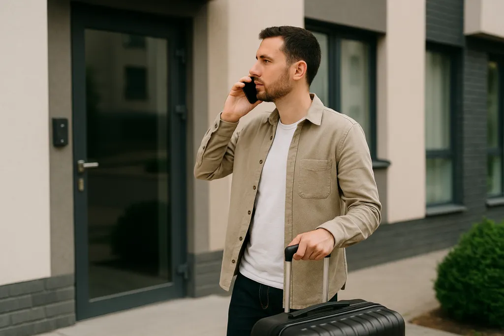 Voyageur avec valise cherchant l'entrée de l'immeuble Airbnb