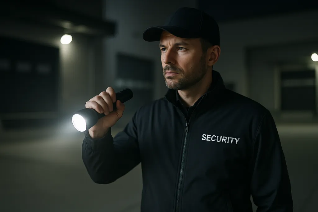 Agent de sécurité en ronde de nuit avec lampe torche