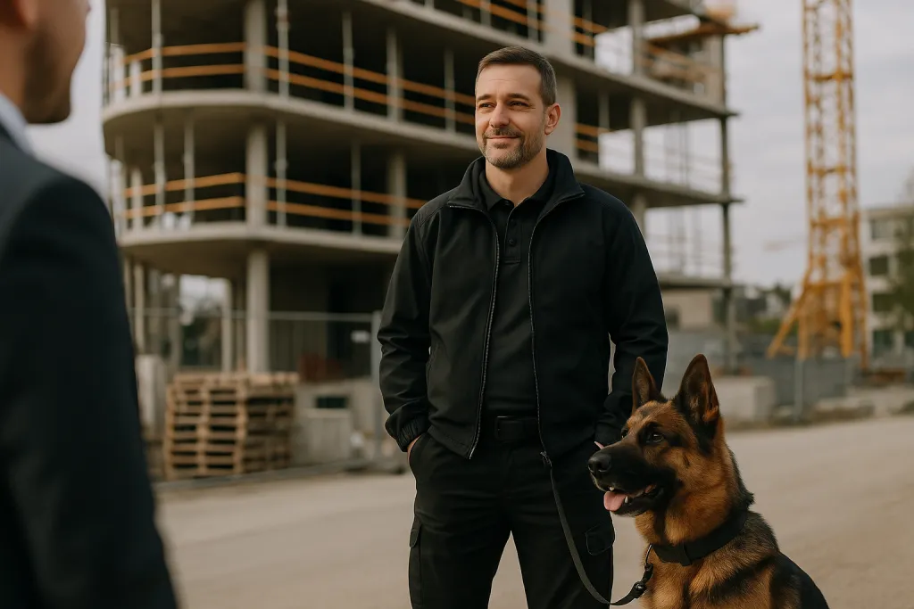 Chantier en construction gardé par un maître chien