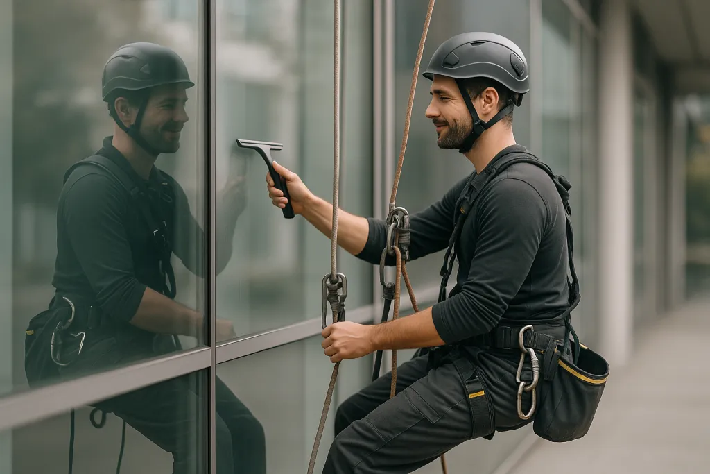 Laveur de vitres cordiste sur une façade de verre