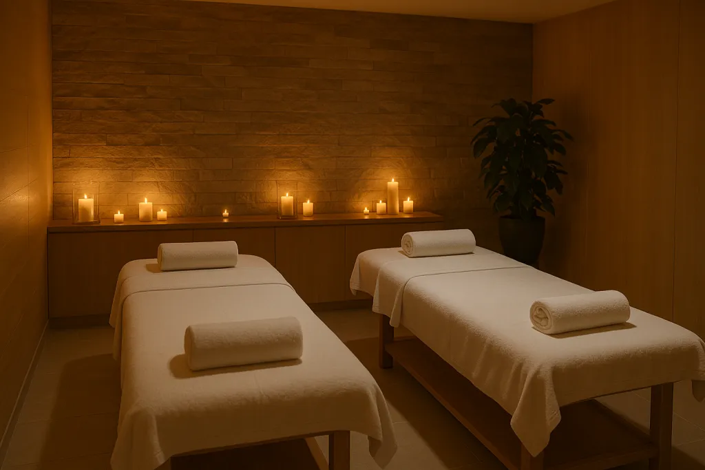 Deux tables de massage dans une ambiance tamisée