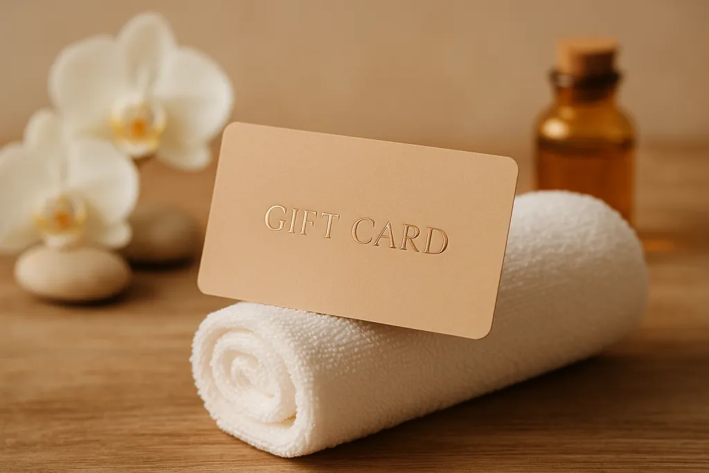 Carte cadeau de spa posée sur une serviette pliée