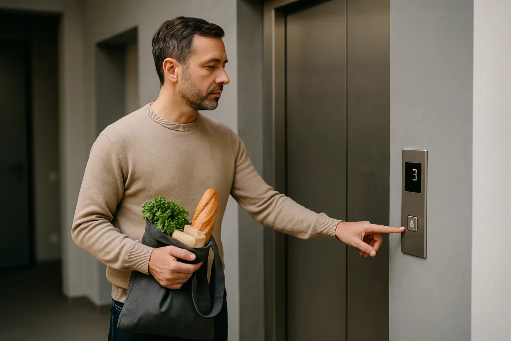 Résident devant un ascenseur en panne