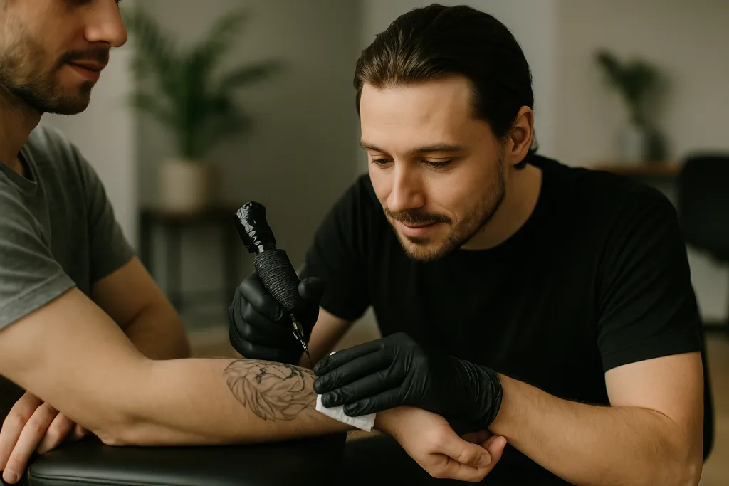 Tatoueur en plein travail avec sa machine sur le bras d'un client