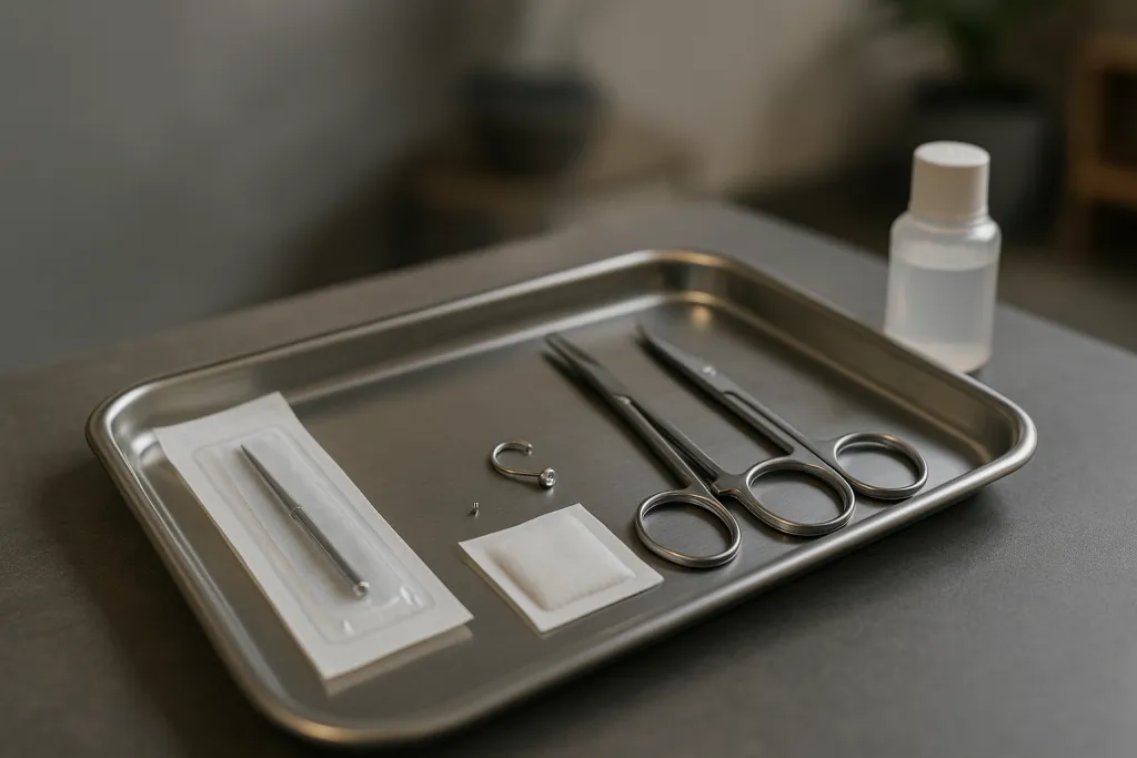 Matériel de piercing stérile sur un plateau en inox