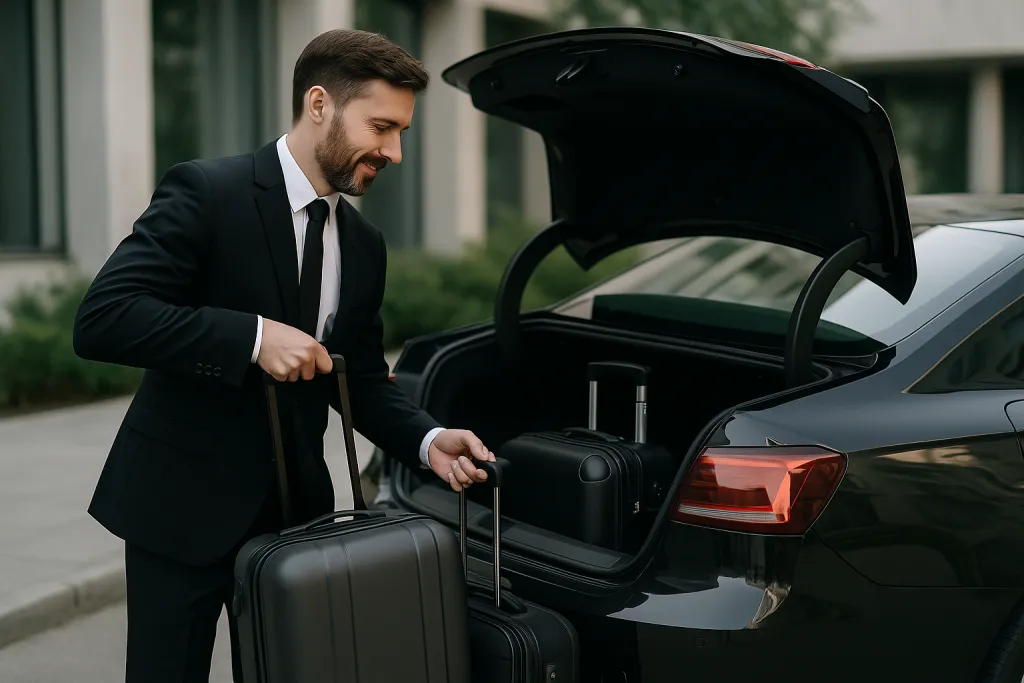 Chauffeur VTC chargeant des bagages pour l'aéroport
