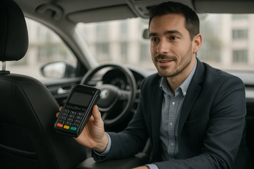 Terminal de paiement TPE dans un taxi