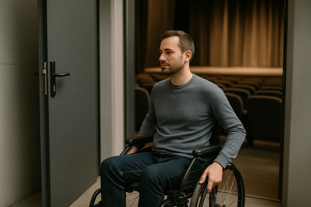 Spectateur en fauteuil roulant arrivant au théâtre