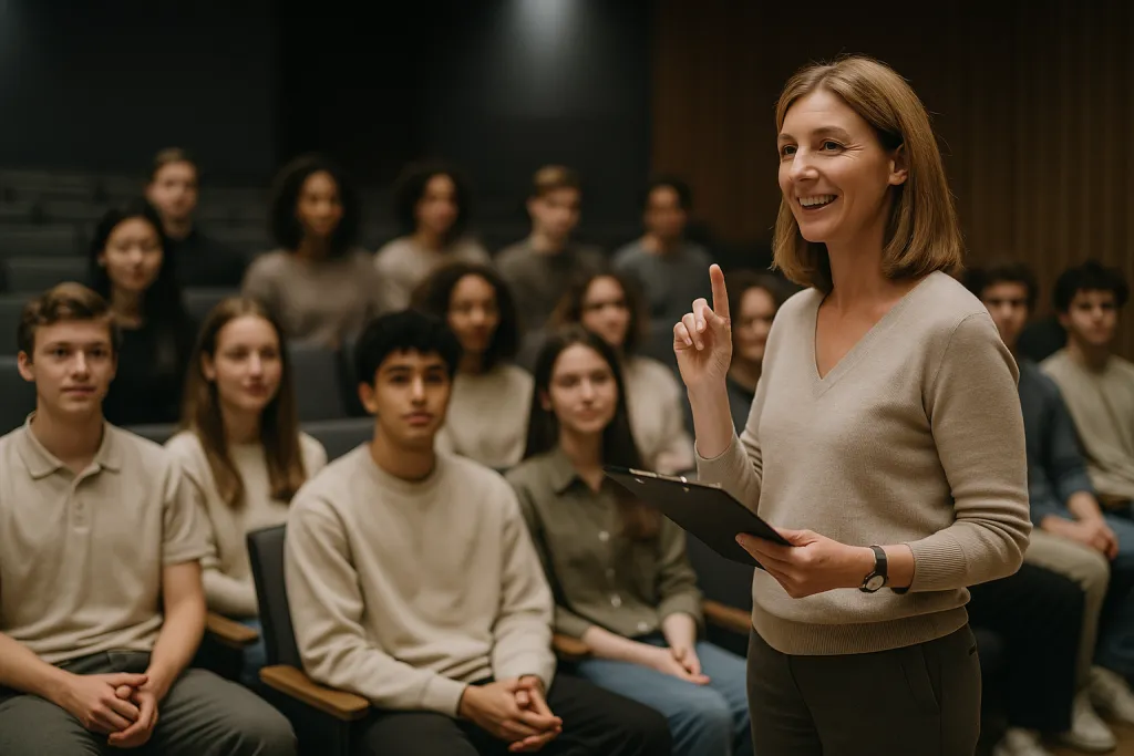 Classe d'élèves assise dans une salle de spectacle